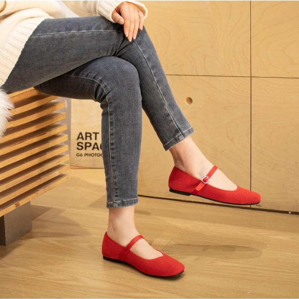 Bn. MSRP $50 NWOB SOESYI VIBRANT RED KNIT MARY JANE FLATS ♡SIZE 7.5♡
